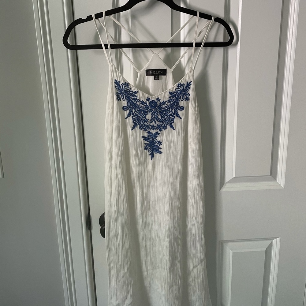LF white sundress with blue embroidery